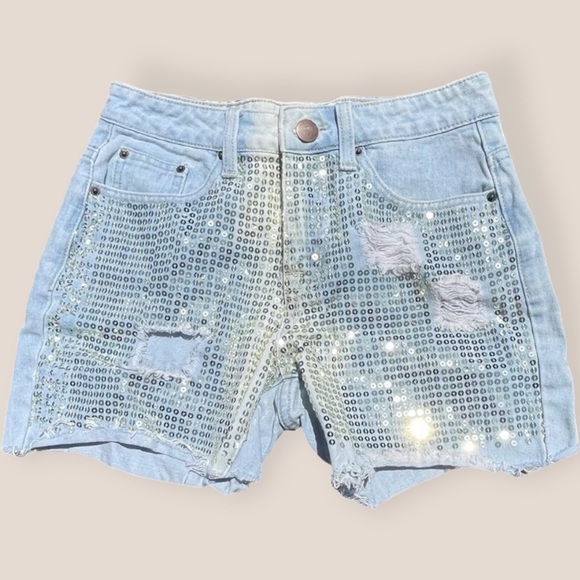 FOREVER 21 Light Wash Denim Distressed Sequins Festival Long Bermuda Jean Shorts - Picture 2 of 8